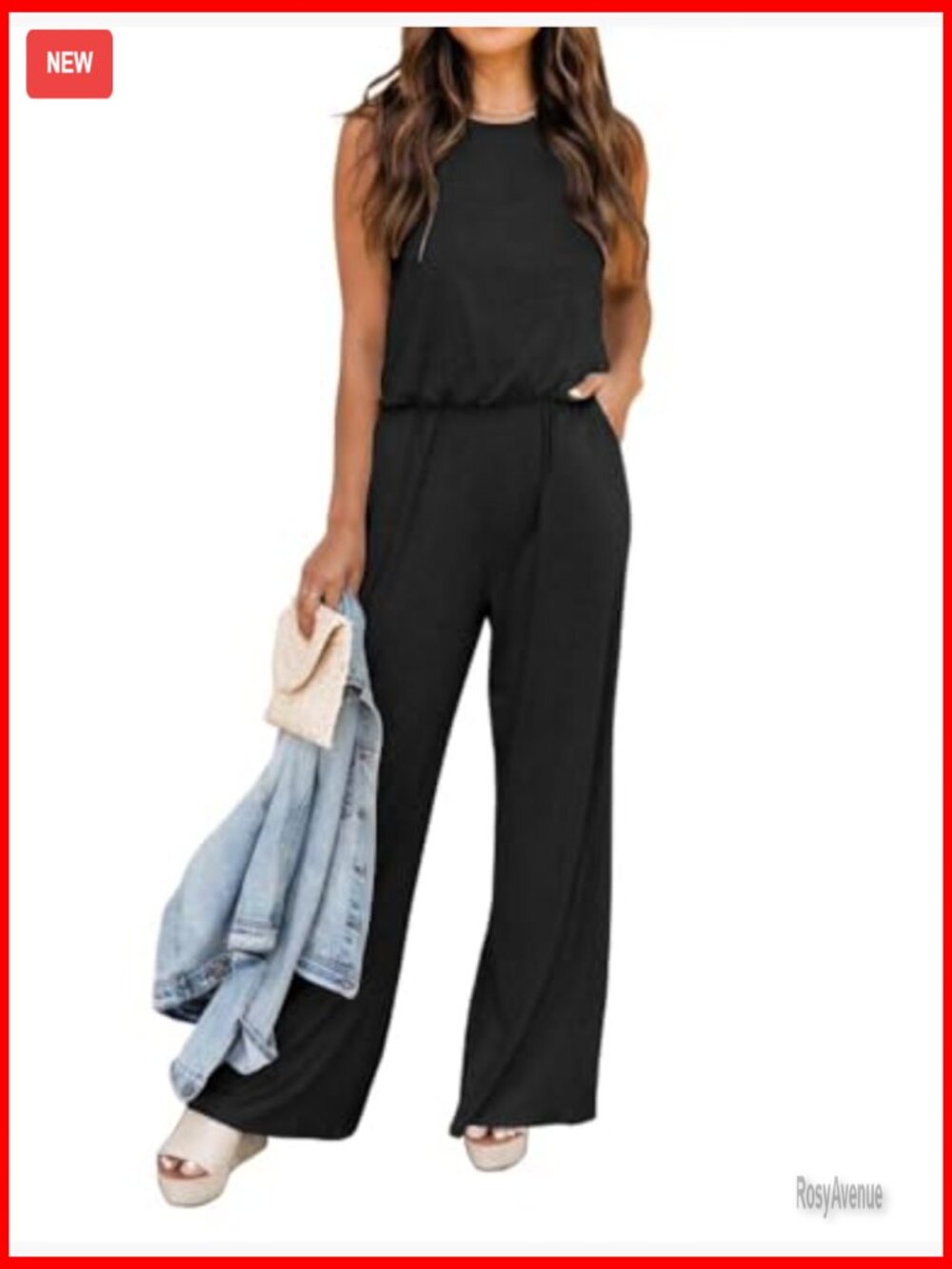 Sleeveless Jumpsuit Romper with Pockets Crew Neck Loose Fit Summer Casual - Picture 4 of 5